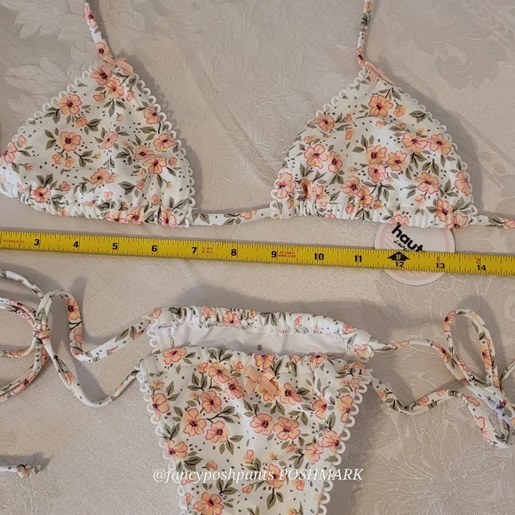 HAUTE swim pink poppies green leaves ribbon bows edging triangle string bikini - Picture 13 of 17